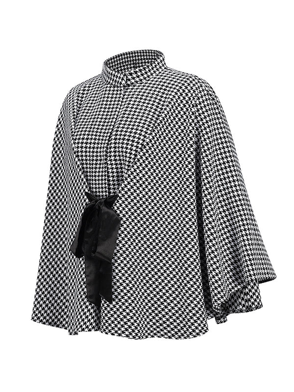 Veste à manches chauve-souris, à manches longues, à motif pied-de-poule, à taille nouée, à col montant, style cape
