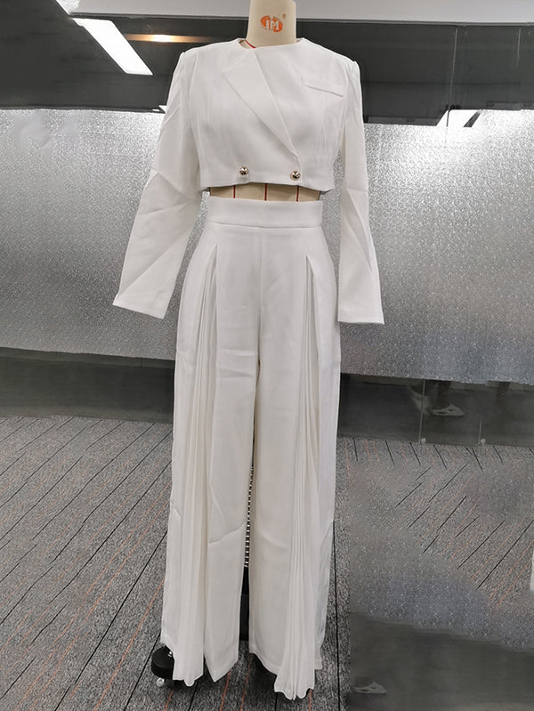 Blazer à manches longues boutonné, couleur unie, col rond, haut + fermeture éclair, jambe large, pantalon plissé en maille, bas, ensemble deux pièces