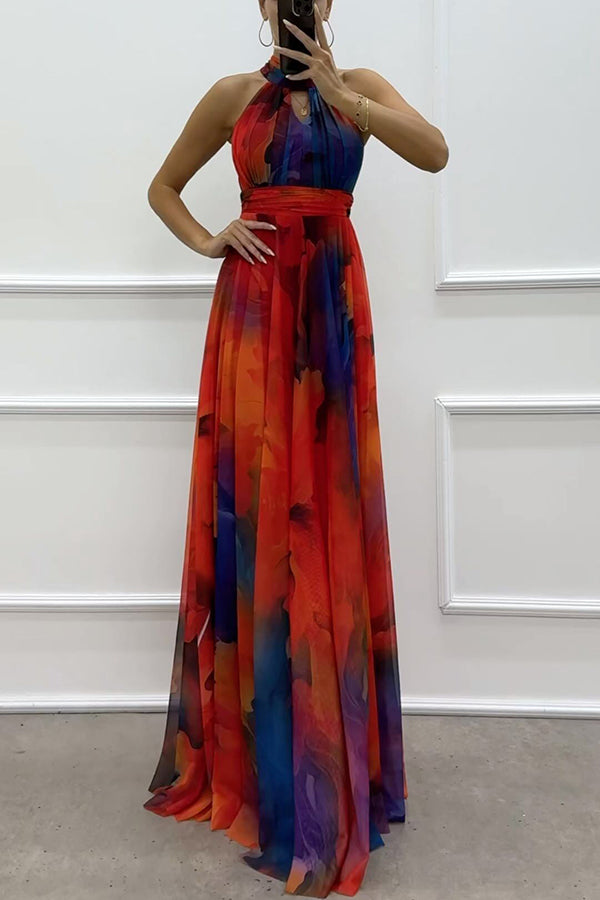 Elaine - Robe maxi en tulle avec imprimé floral, découpes et col halter