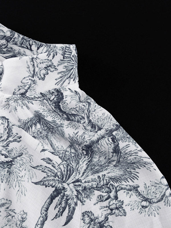 Robe courte ample plissée imprimée à manches bouffantes, à empiècements, à taille nouée, à col montant