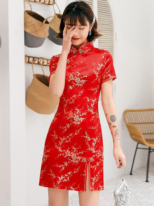 Cheongsam court à col montant imprimé fleurs de prunier