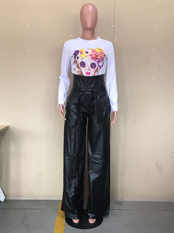 Pantalon taille haute, à jambes larges, avec ceinture, à fermeture éclair, couleur unie