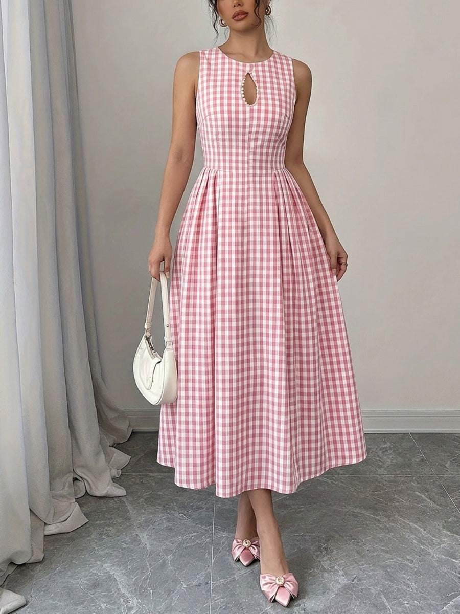 Robe longue unie ajourée à fermeture éclair, à empiècements, sans manches, taille haute, à col rond, couleur contrastée