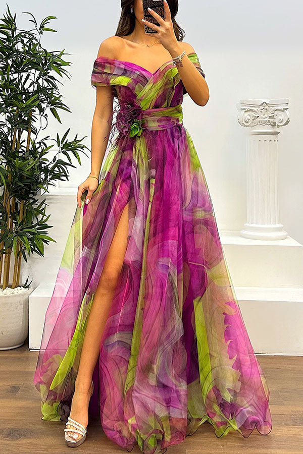 Jinnie - Robe maxi en tulle avec plumes, plis et fente