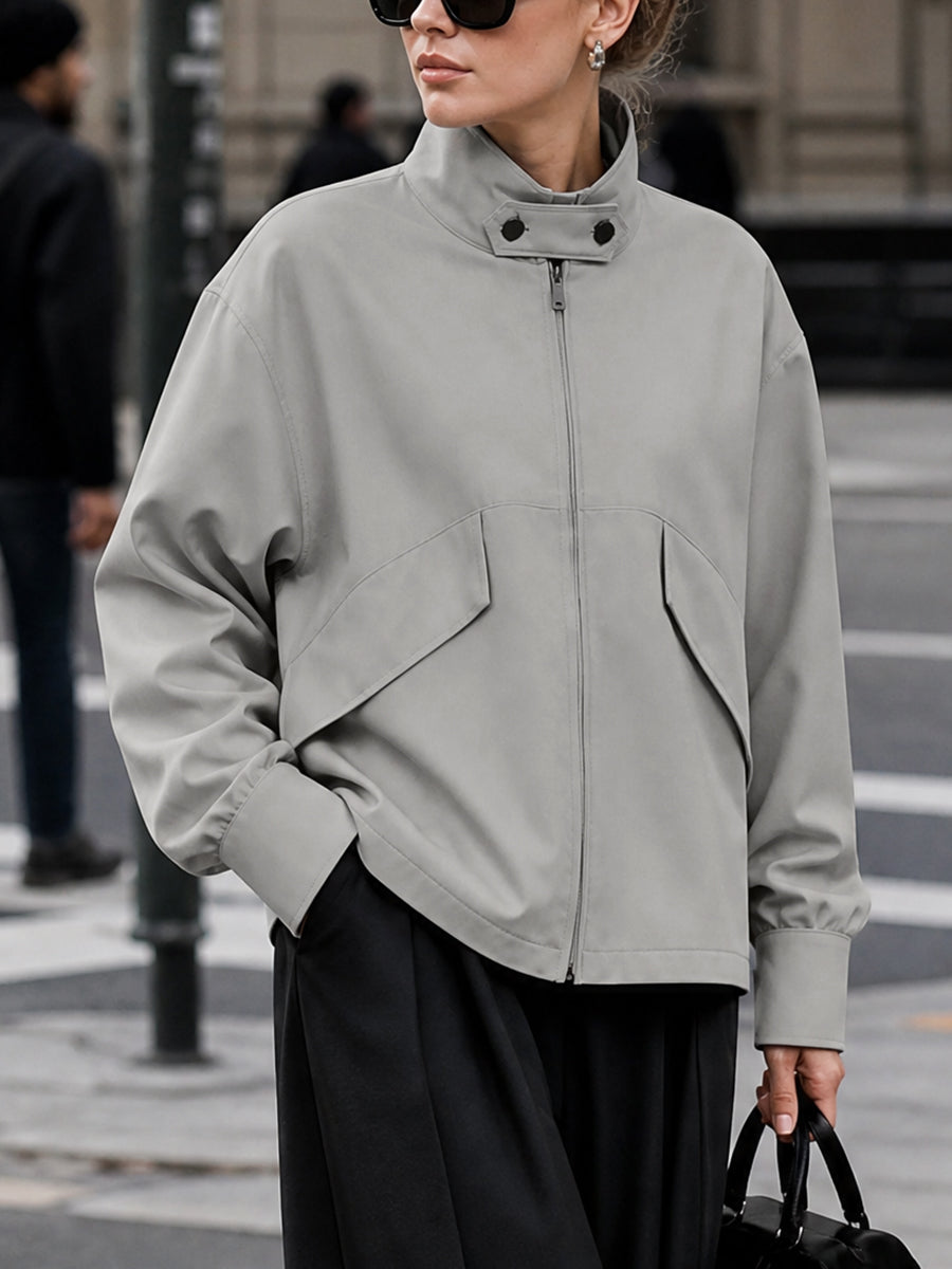Veste ample à fermeture éclair, à manches longues, à col montant, couleur unie