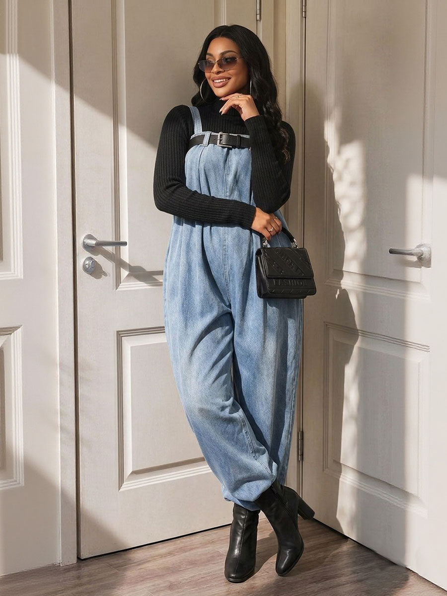 Salopette à taille élastique, avec ceinture, à jambes larges, sans manches, à fines bretelles, couleur unie