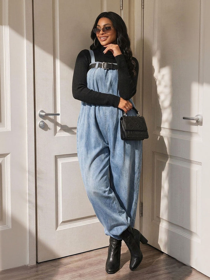 Salopette à taille élastique, avec ceinture, à jambes larges, sans manches, à fines bretelles, couleur unie