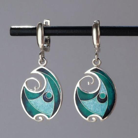 Boucles d'oreilles en argent émaillé vintage bleu