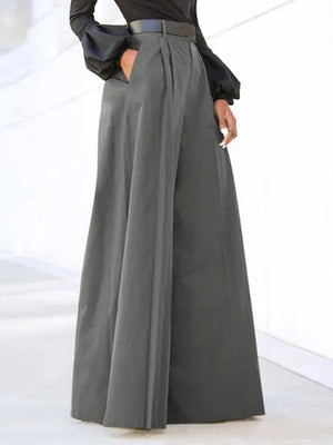 Pantalon ample plissé taille haute, à empiècements, couleur unie