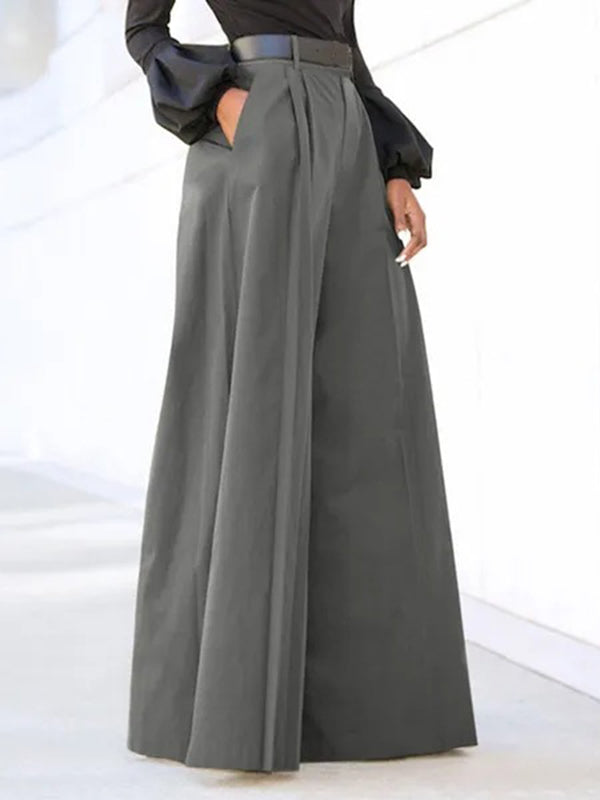 Pantalon ample plissé taille haute, à empiècements, couleur unie