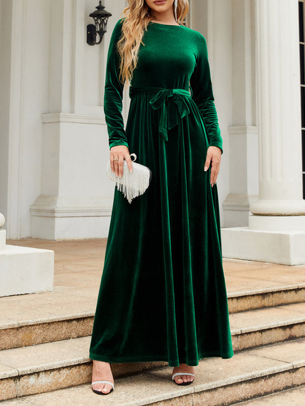 Robe longue plissée à manches longues, coupe portefeuille, avec ceinture, à fermeture éclair, à col rond, couleur unie