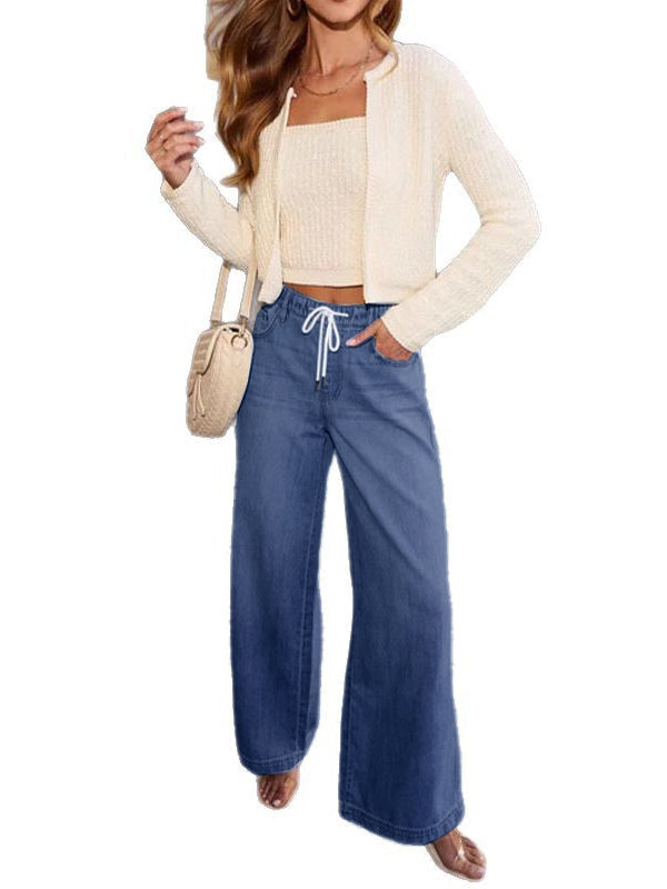 Jean ample taille haute, à cordon de serrage, à taille élastique, à empiècements