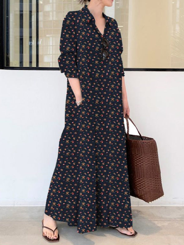 Robe longue imprimée vintage, à col revers, à manches longues