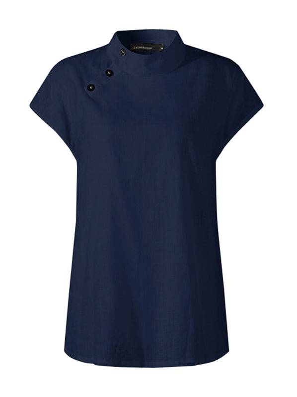 Chemise à col montant, à mancherons, couleur unie
