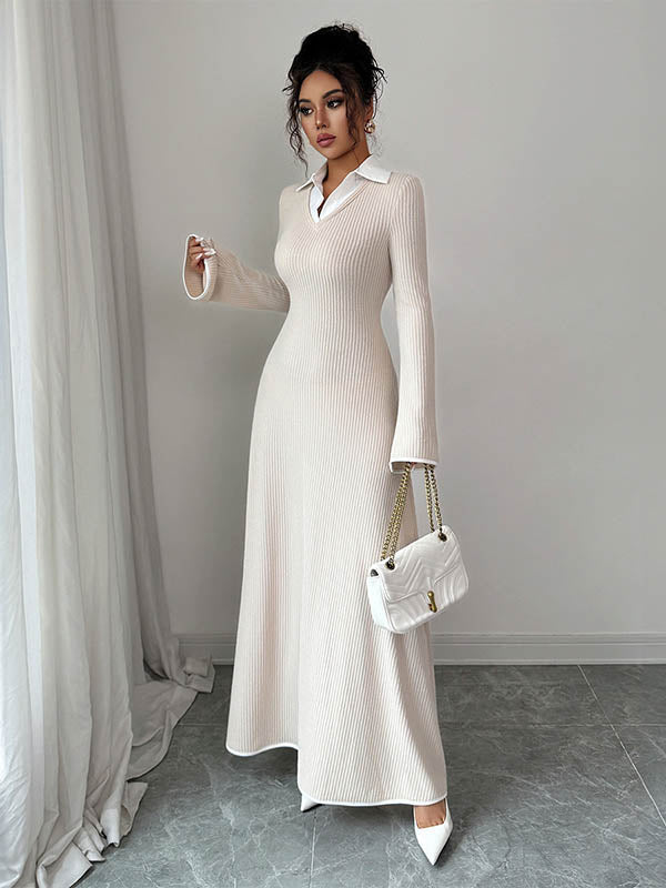 Robe pull moulante effet deux pièces, en maille côtelée, à empiècements, à col revers