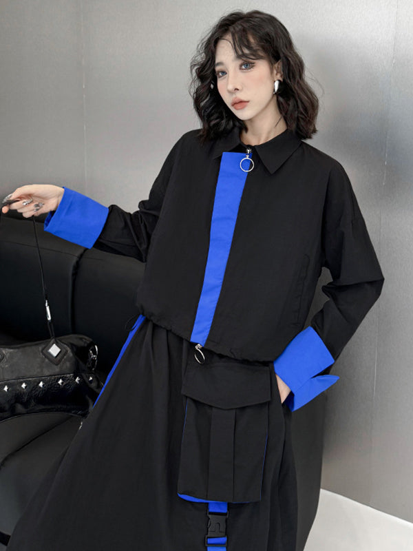 Ensemble deux pièces asymétrique à empiècements, à col revers, coupe trapèze, à taille élastique, à poches, à rubans, couleur contrastée – chemisier + jupe
