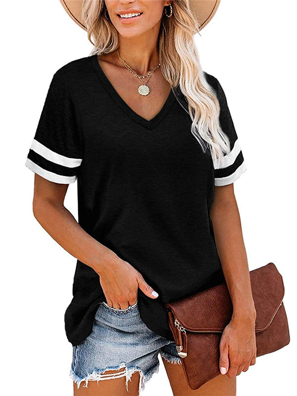 T-shirt ample rayé à manches courtes, à col en V, couleur contrastée