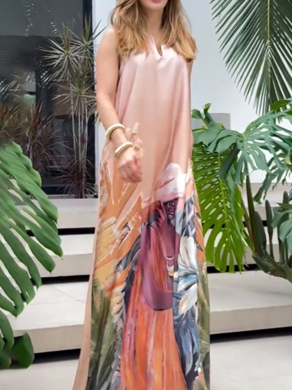 Robe longue ample sans manches, à motifs figuratifs, à poches, à col en V