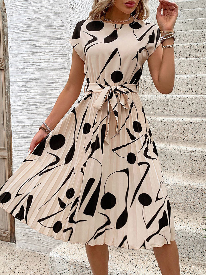 Robes mi-longues à taille haute, sans manches, imprimé abstrait, couleur contrastée, plissées, à pois, fendues, nouées, col rond