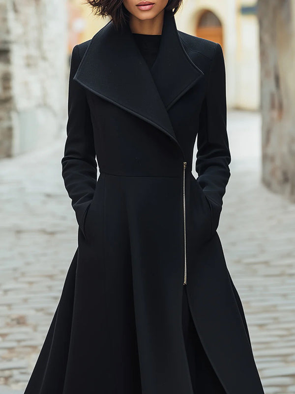 Manteau en laine boutonné coupe trapèze, à manches longues, à poches, à fermeture éclair, à col revers, couleur unie