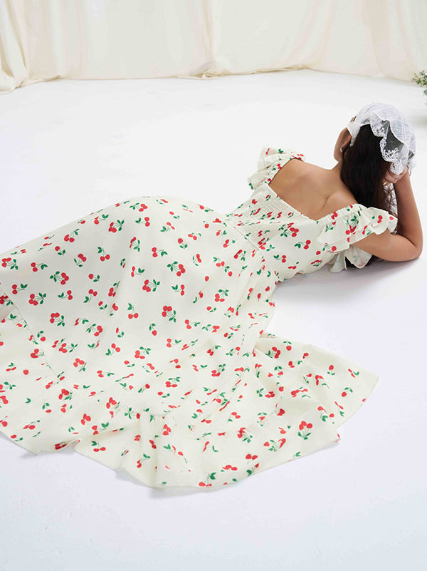 Robe mi-longue ample boutonnée plissée taille haute, à taille élastique, à imprimé floral, à col carré