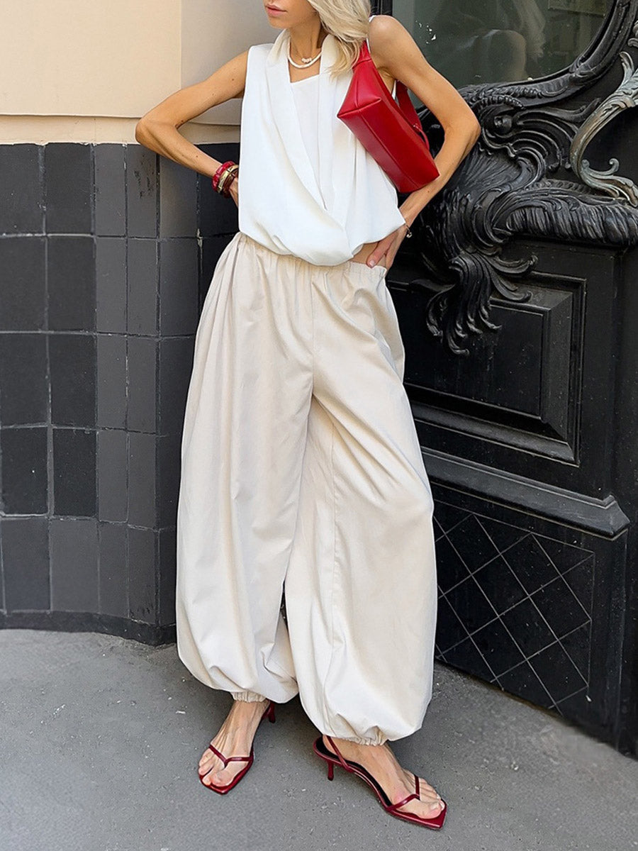 Pantalon resserré aux chevilles plissé à taille élastique, taille haute, à cordon de serrage, couleur unie