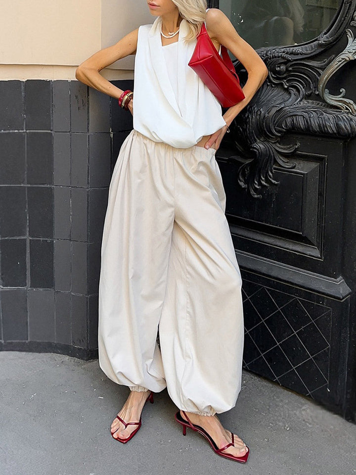 Pantalon resserré aux chevilles plissé à taille élastique, taille haute, à cordon de serrage, couleur unie
