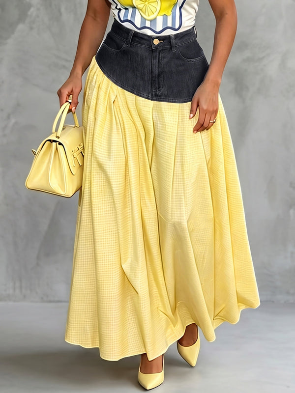 Jupe plissée coupe trapèze, taille haute, à poches, à empiècements, couleur contrastée
