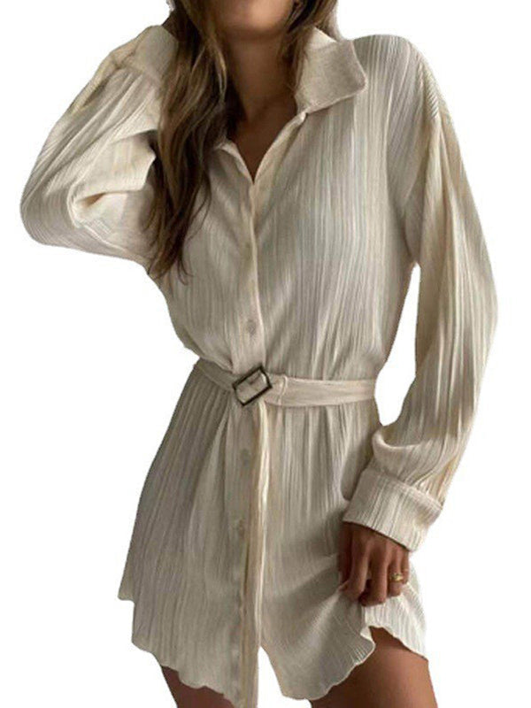 Robe chemise boutonnée plissée à manches longues, à taille nouée, à col revers, couleur unie