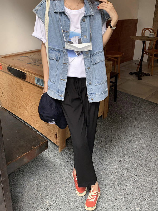 Gilet sans manches simple à empiècements, en jean, couleur unie