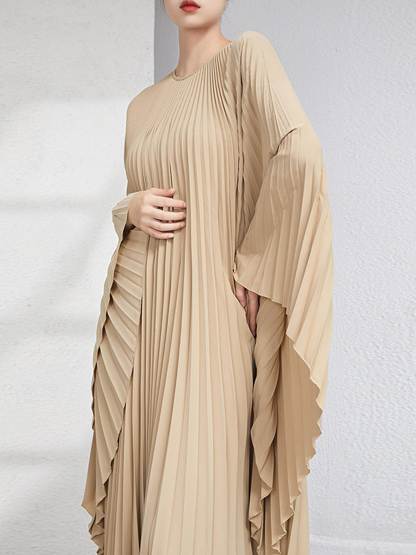 Robe longue ample plissée à manches chauve-souris, couleur unie