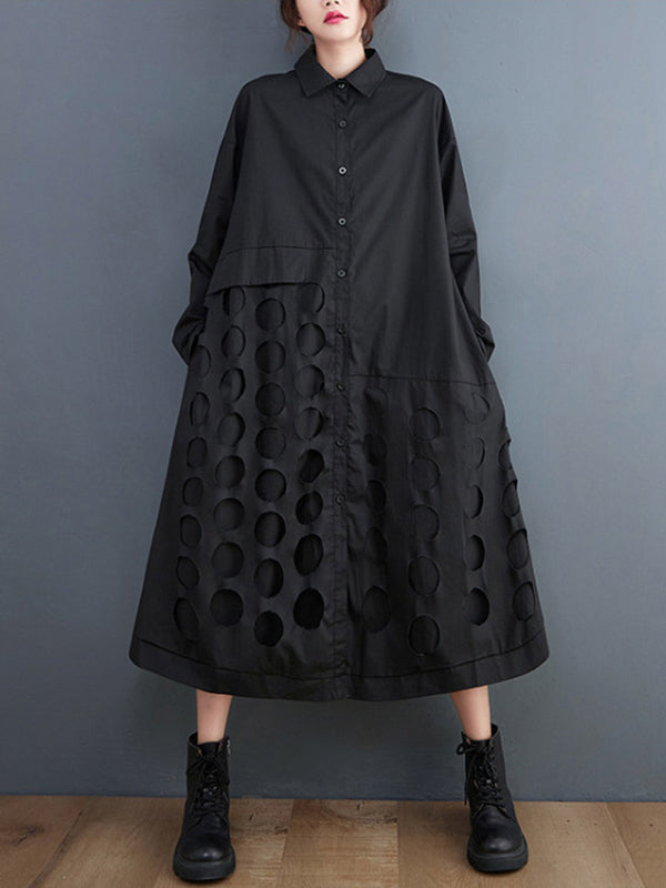 Robe mi-longue asymétrique ajourée coupe trapèze, à manches longues, à pois, à col revers, couleur unie