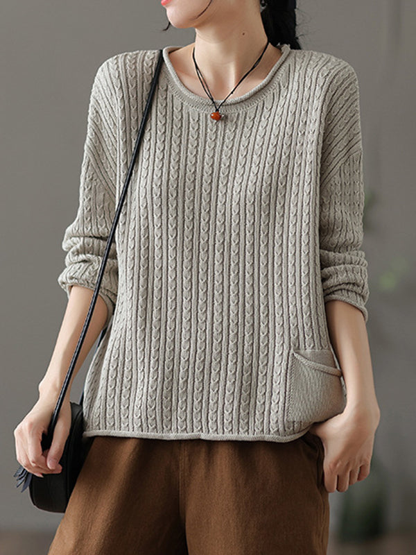 Pull artistique ample rétro, à manches longues, en jacquard, à col rond, couleur unie