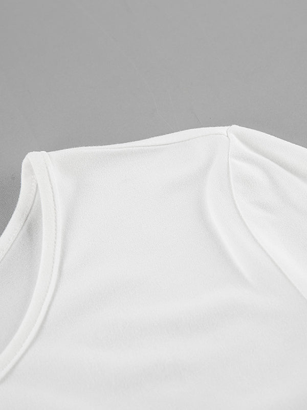 T-shirt plissé à manches longues, coupe près du corps, à col rond, couleur unie