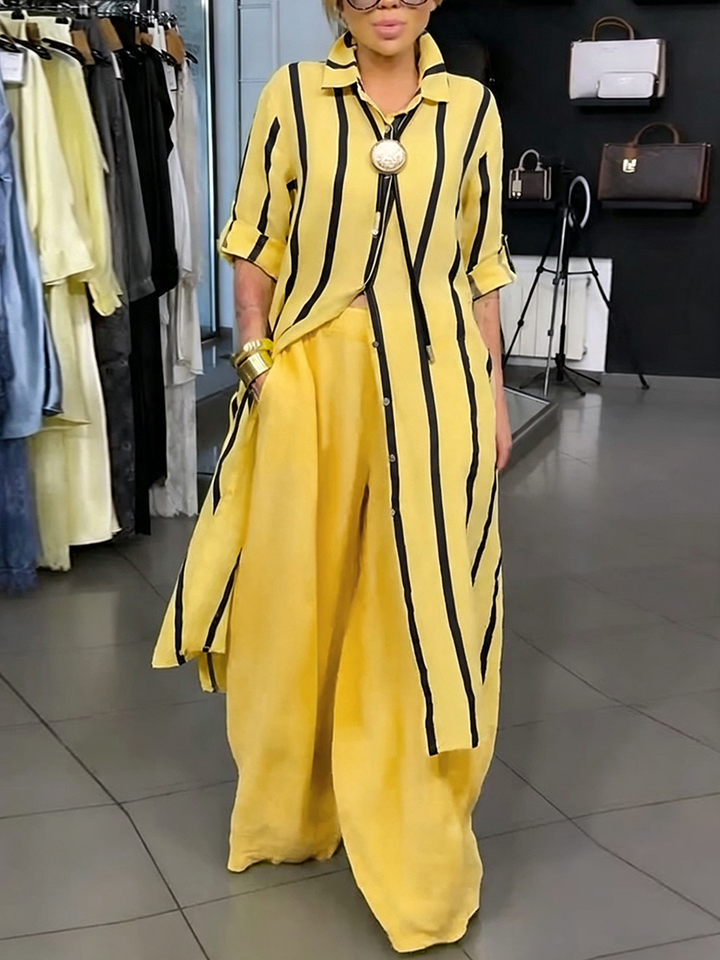 Ensemble deux pièces boutonné rayé à ourlet plongeant, à manches longues, à col revers, à poches, à jambes larges, couleur contrastée, couleur unie – chemisier + bas + pantalon