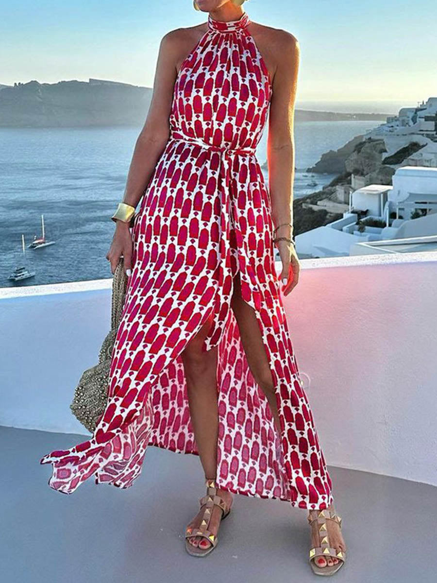 Robe longue imprimée fendue sur le côté taille haute, sans manches, à empiècements, à taille nouée, à col licou, couleur contrastée