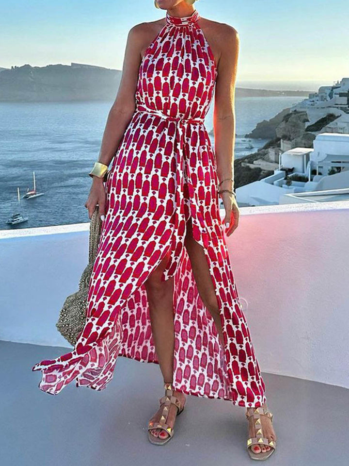 Robe longue imprimée fendue sur le côté taille haute, sans manches, à empiècements, à taille nouée, à col licou, couleur contrastée