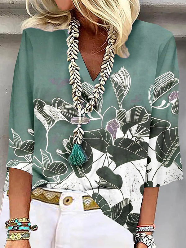 T-shirt ample grande taille, à imprimé floral, à manches trois-quarts, à col en V