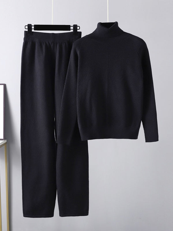 Pull urbain à manches longues, ample, uni, demi-col roulé, hauts & pantalons à jambes larges, ensemble deux pièces