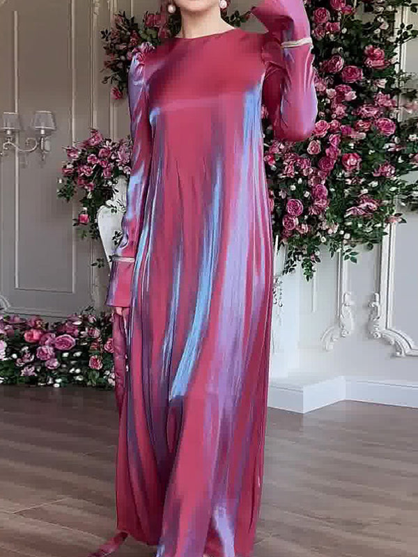 Robe longue plissée coupe trapèze, à manches longues, à taille nouée, à fermeture éclair, à col rond, couleur unie