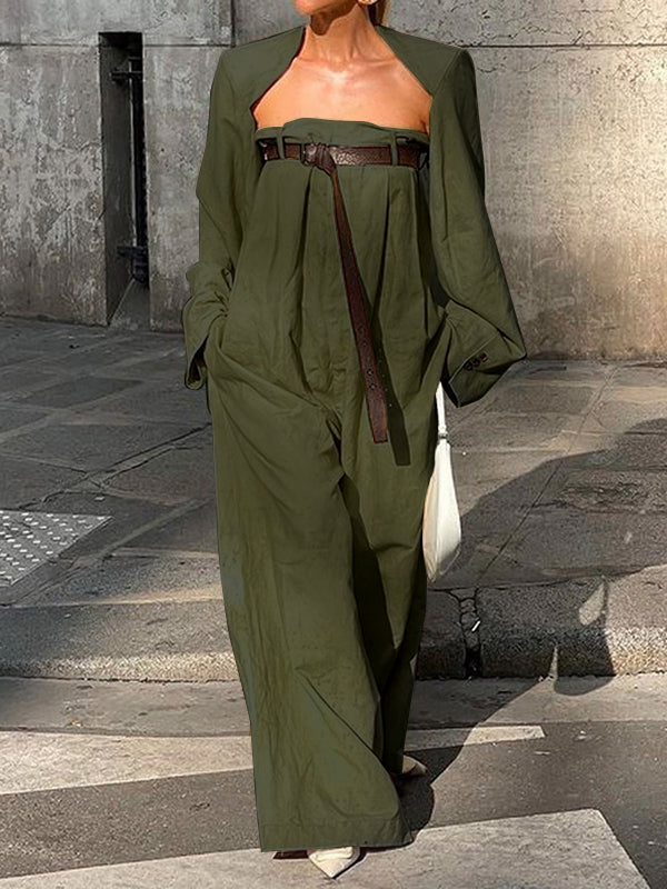 Ensemble deux pièces boutonné à manches longues, sans col, à jambes larges, avec ceinture – veste + haut + combinaison