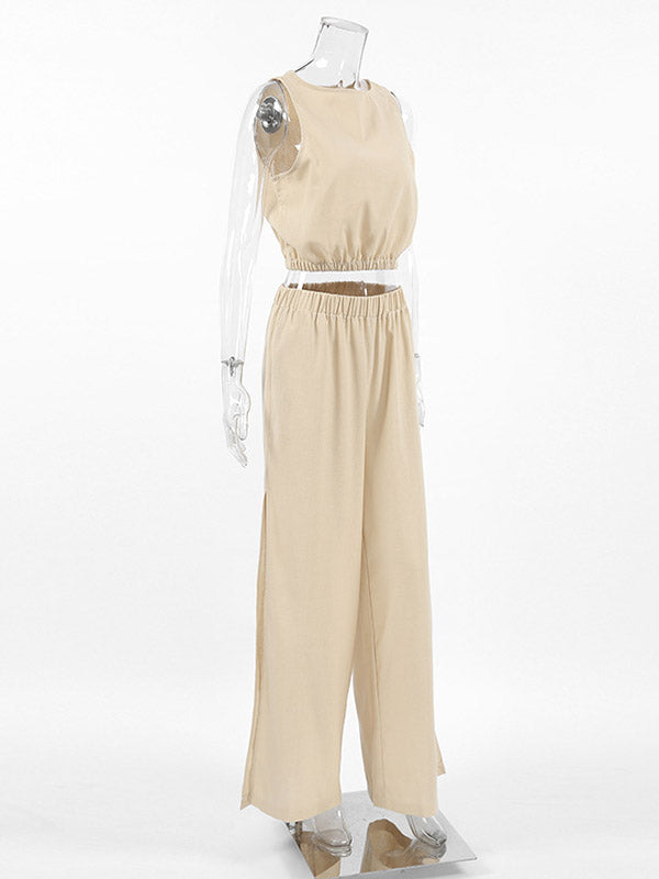 Ensemble deux pièces avec gilet à col rond et pantalon taille haute fendu sur le côté, élasticité ample, couleur unie