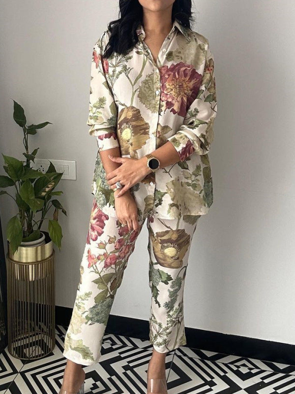 Ensemble deux pièces boutonné à manches longues, à imprimé floral, à col revers – chemise + haut + pantalon 7/8 + pantalon