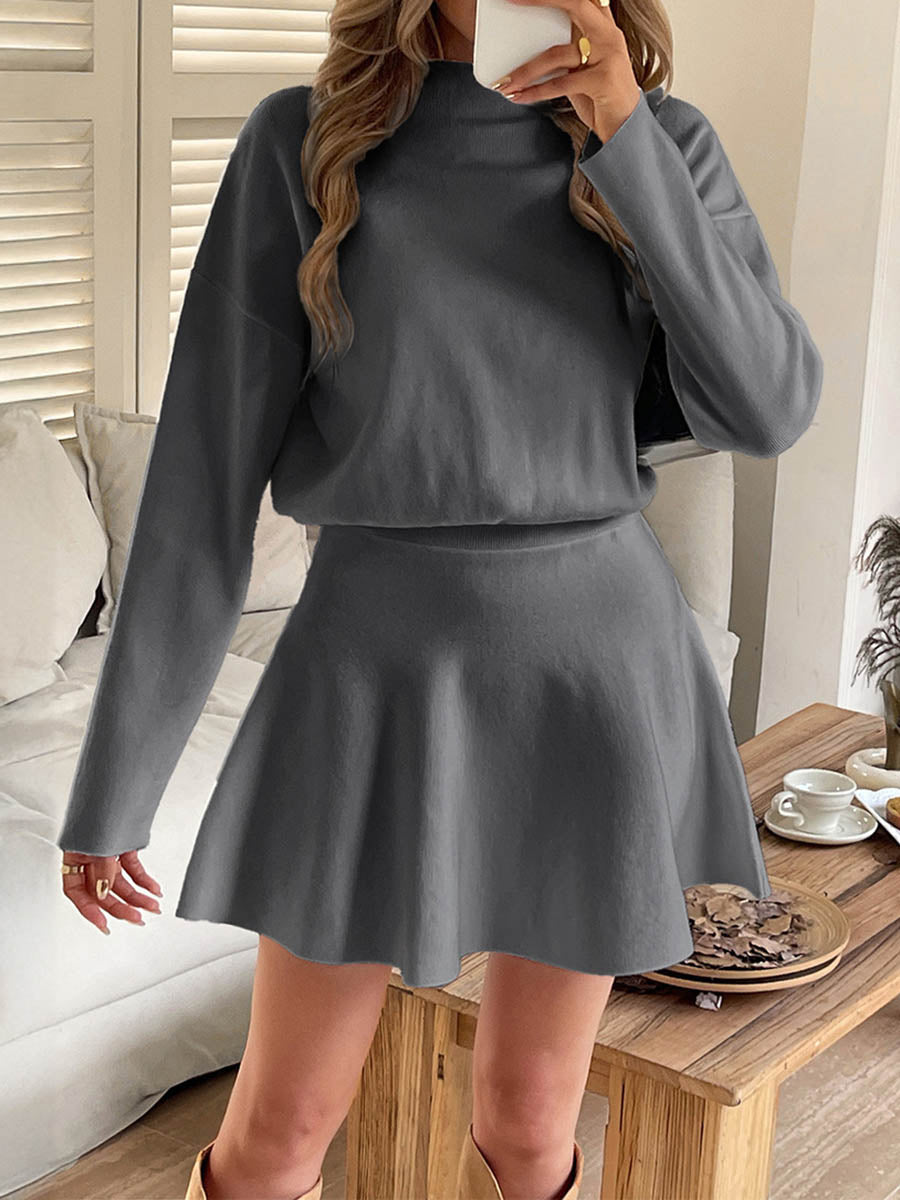 Robe pull coupe trapèze, taille haute, à taille élastique, à col rond, couleur unie