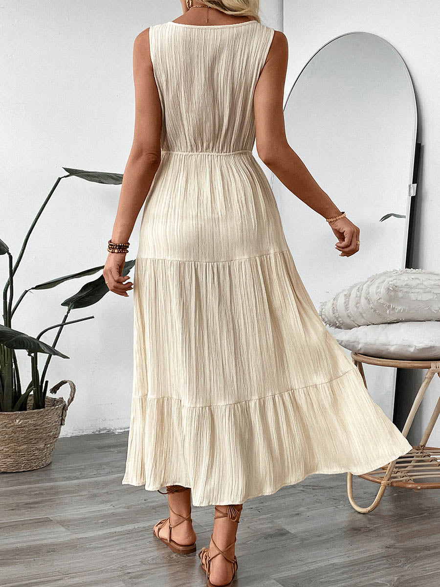 Robe longue boutonnée plissée coupe trapèze, taille haute, à taille nouée, à col en V, couleur unie