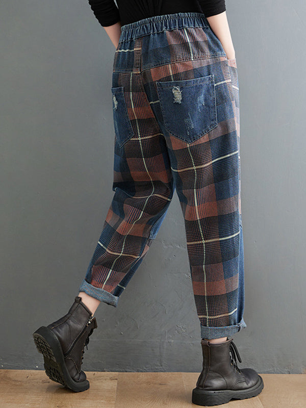 Pantalon en jean à carreaux rétro artistique original