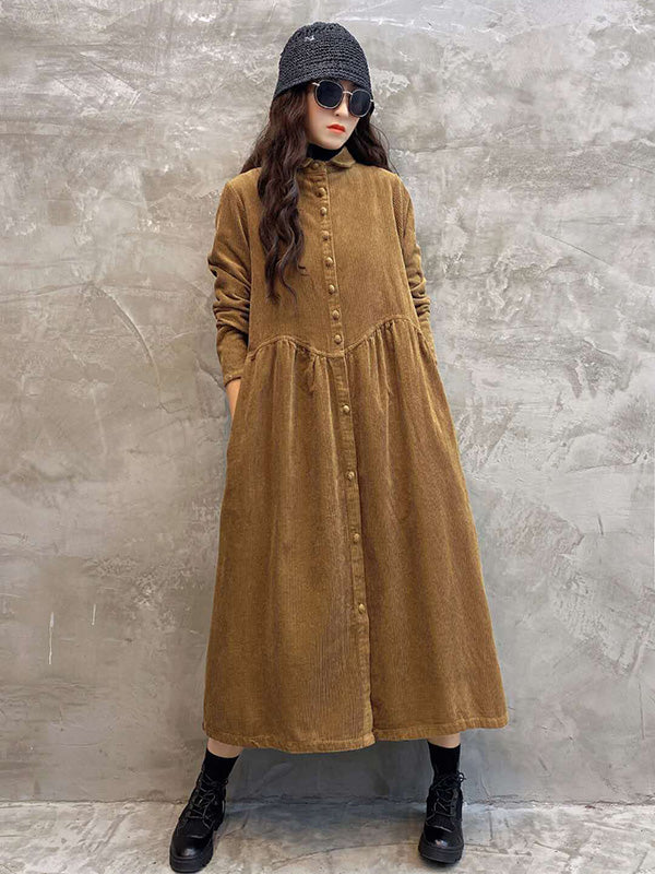 Robe Originale à Revers en Velours Côtelé Uni