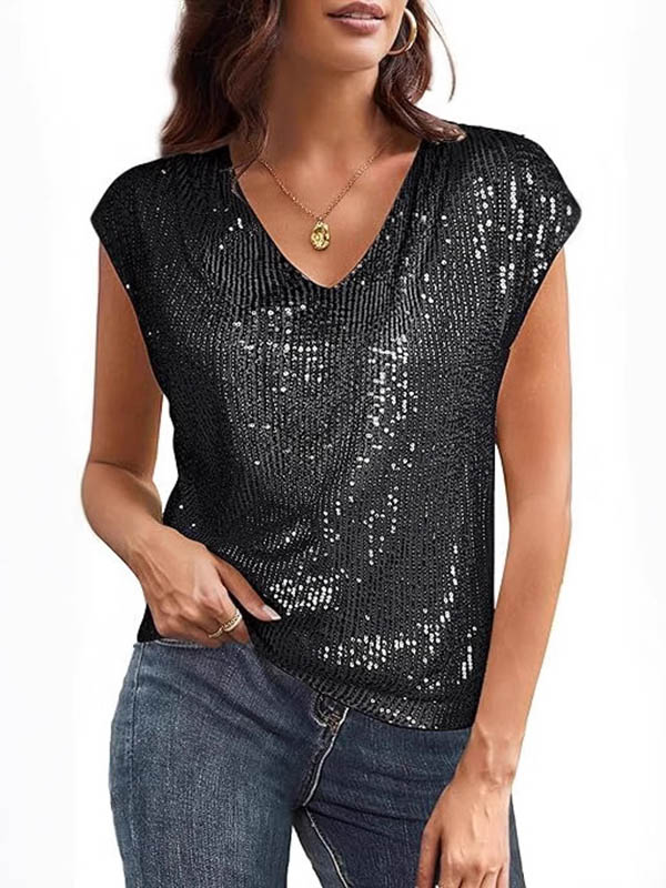 T-shirt ample à manches raglan, à sequins, à col en V, couleur unie