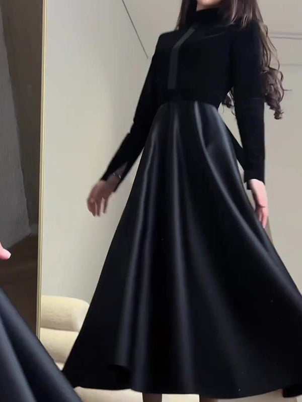 Robe longue plissée coupe trapèze, à manches longues, à empiècements, à fermeture éclair, à col cheminée