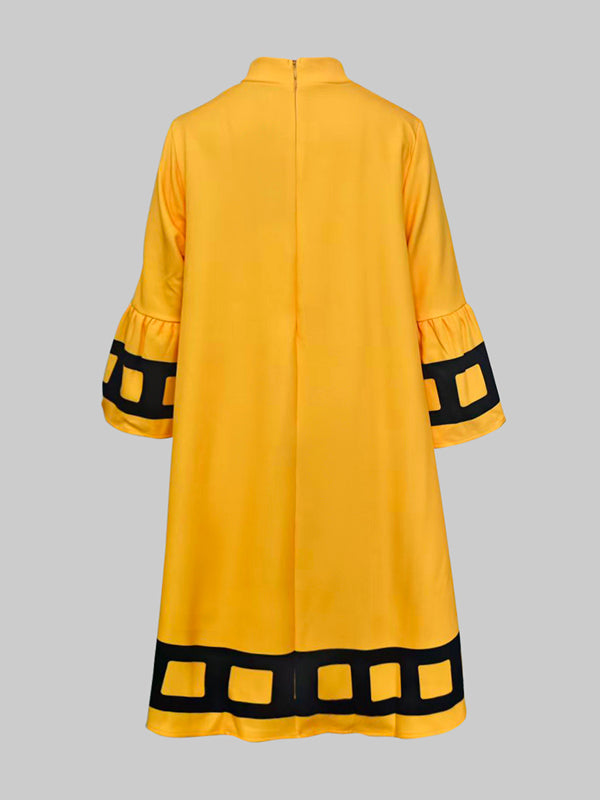 Robe mi-longue coupe trapèze, à manches évasées, à imprimé floral, à empiècements, à col cheminée